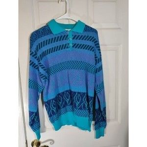 Vintage Izod Club Women's 90s Colorful Knit Ski Sweater Collared w/ Buttons L